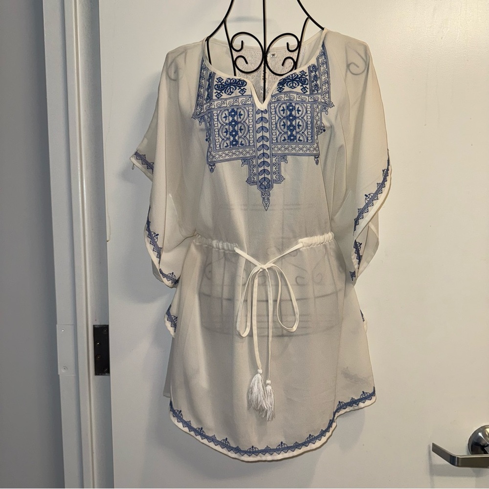 Andreé White and Blue Embroidered Coverup
